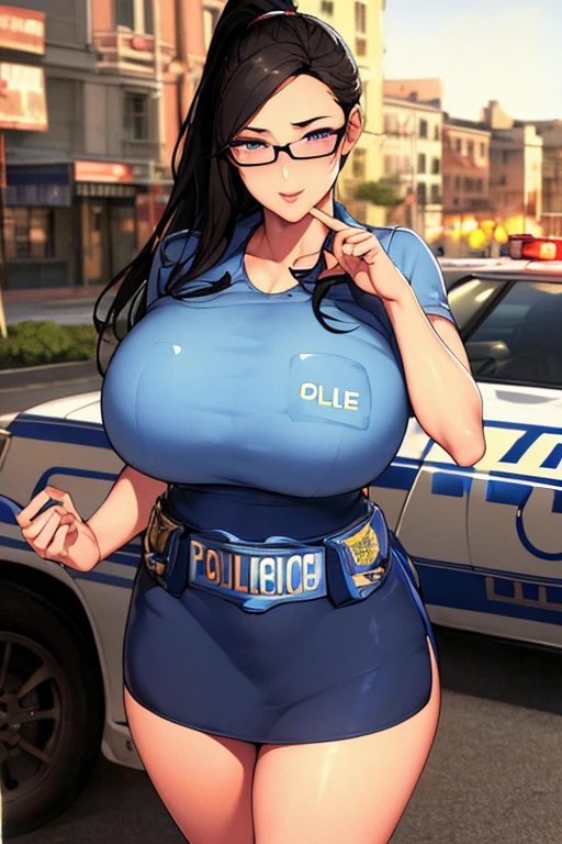 Beautiful, looking at viewer, pov on bellow, (showing whole body), cowboy shot, ((focus on whole body)),(police uniform:1.5), city background, semi-rimless eyewear, black hair, very long hair, ponytail,Bangs,purple eyes, 1 girl, 20yo,Young female,Beautiful Finger,Beautiful long legs,Beautiful body,Beautiful Nose,Beautiful character design, perfect eyes, perfect face,expressive eyes,perfect balance, (innocent_big_eyes:1.0), official art,extremely detailed CG unity 8k wallpaper, perfect lighting,Colorful, Bright_Front_face_Lighting,shiny skin, (masterpiece:1.0),(best_quality:1.0), ultra high res,4K,ultra-detailed, photography, 8K, HDR, highres, absurdres:1.2, Kodak portra 400, film grain, bokeh:1.2, lens flare, (vibrant_color:1.2),professional photograph, (Beautiful,large_Breasts:1.4), (beautiful_face:1.5)