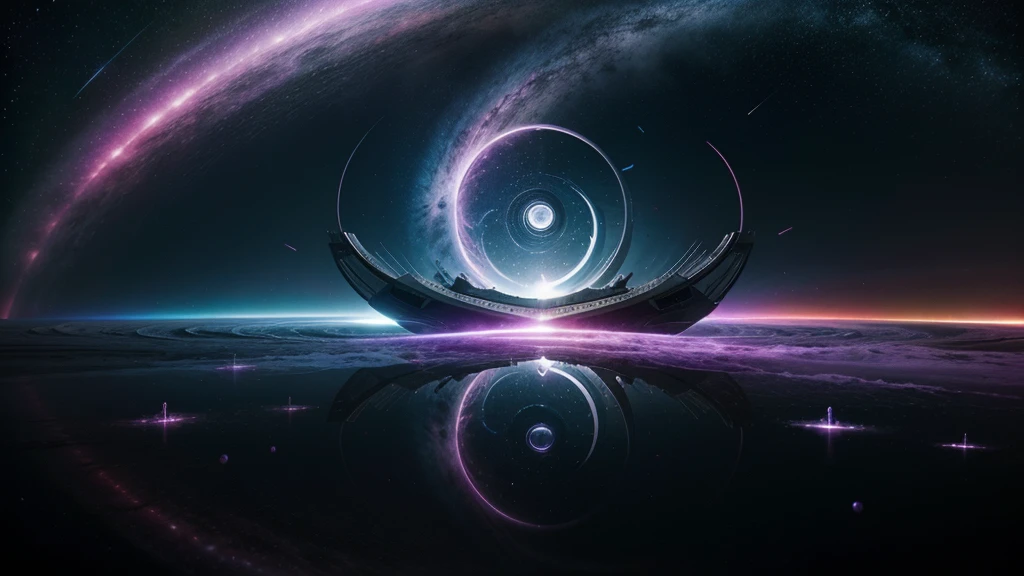 Sci-fi conceptual art, spiral Ying and Yang forces are core balancing factor of the world, wormhole, flying vehicle flying through, vivid colorful cosmos as background.