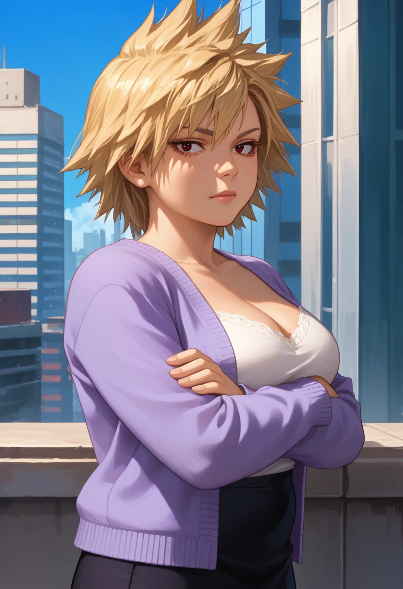 score_9, score_8_up, score_7_up, score_6_up, source_anime, 1girl, solo, mski, blonde hair, spiked hair, short hair, red eyes, mature female, purple cardigan, long sleeves, white camisole, cleavage, black skirt, large breasts, crossed arms, looking at you, from side, blue sky, city