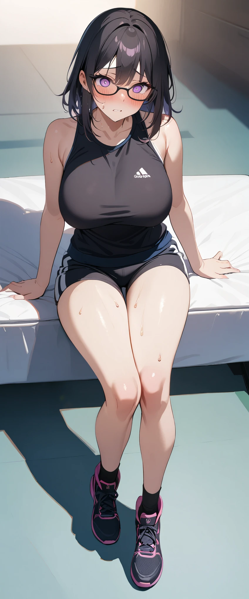 (Highest quality),(masterpiece), 8k,Very detailed, Detailed light, Best Shadow,Detailed reflective eyes, Very detailedな顔,Shiny Hair,Big Breasts,(1 girl:1.2),woman,Gloss,Black Hair,Embarrassed,blush,(Hollow Eyes:1.2),(Condescending:1.2),Crazy Eyes,4fingers and 1thumbs,Beautiful fingers,Beautiful Hands,whole body,Tank top,Shorts,Black-rimmed glasses,Purple eyes,Cool,Glossの無い目,(Eye power:1.2),(脇Sweat:1.2),(Sweat:1.4),(training wear:1.2),(medium length hair:1.2),(gym:1.2),