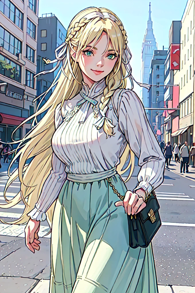 Only one female, (Explore the city), (Stylish clothing) (Fresh clothes), -yeld gi /Braiding,,  Blonde long hair,Green Eyes,  White Hair Ribbon,A kind smile, (Masterpiece Top quality:1.2) Delicate illustrations, super detailed, large breasts break (carrying a designer bag) break (Populated downtown) Outdoor, noon, Crowded, Detailed Background