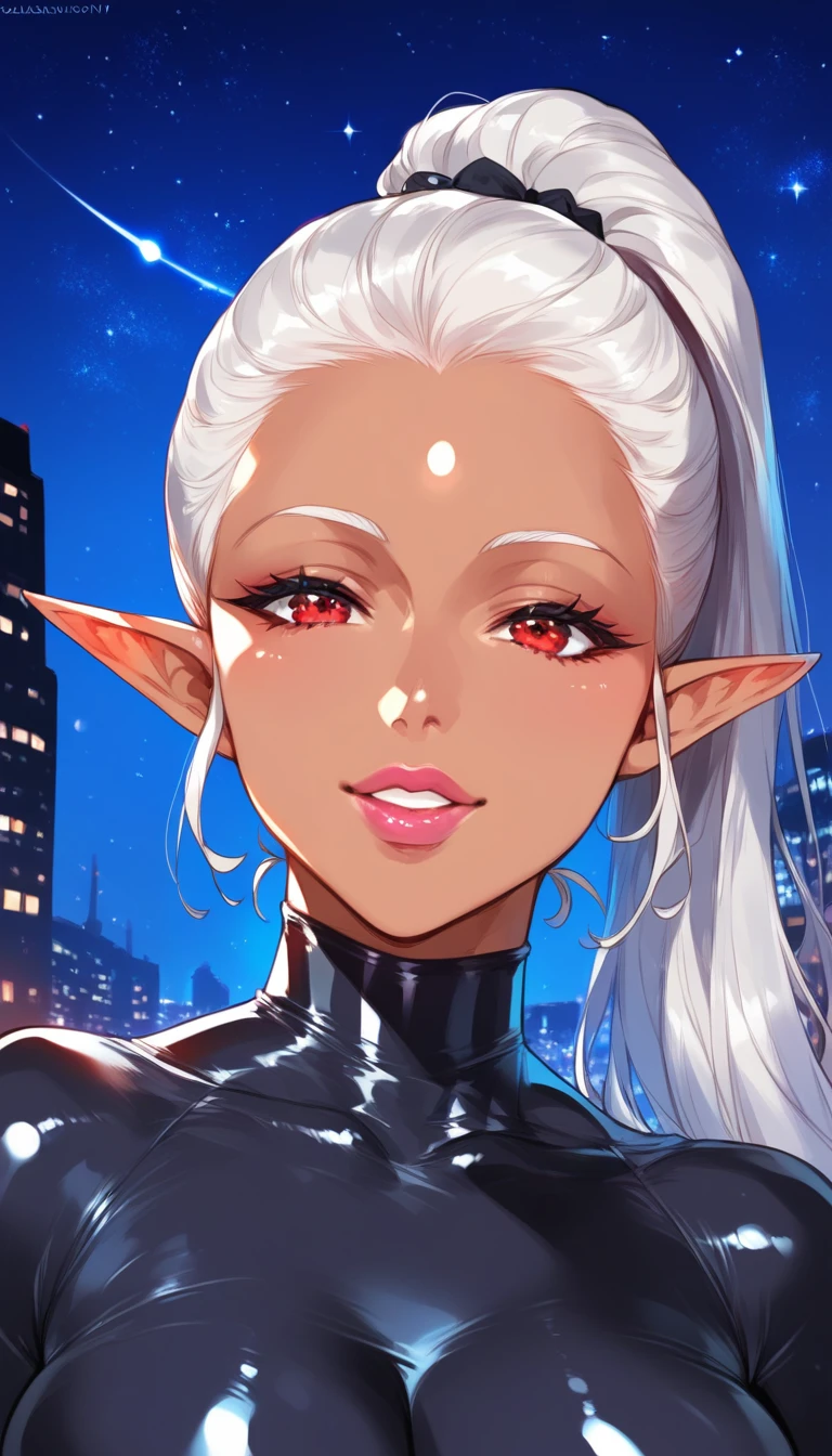 Elf Woman, Very black and tanned skin, Beautiful silver hair, Pointy Ears, Beautiful red eyes, Thick pink lips, ponytail, Shiny black rubber suit, Beautiful body lines, Description of upper body, Lovely smile, Open your lips, close, 8k, night, Dark rooftop of a high-rise building, Starry Sky,