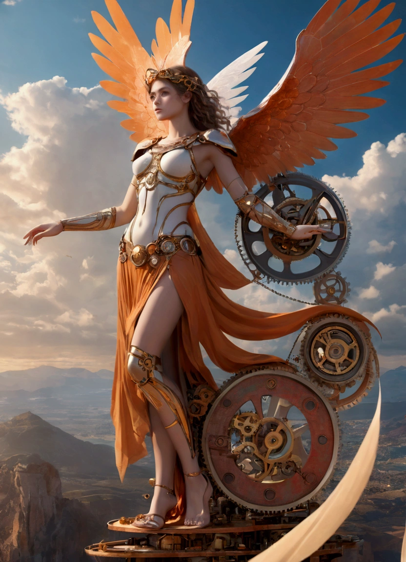 ((Inspired by imeon Solomon )), Mechanical Angel、Complex gear and clockwork mechanism、, Ancient Greek mythology, eden, Sky mountain view, Orange cloud. 8k、High Detail、masterpiece、Concept Art、Science Fiction、number