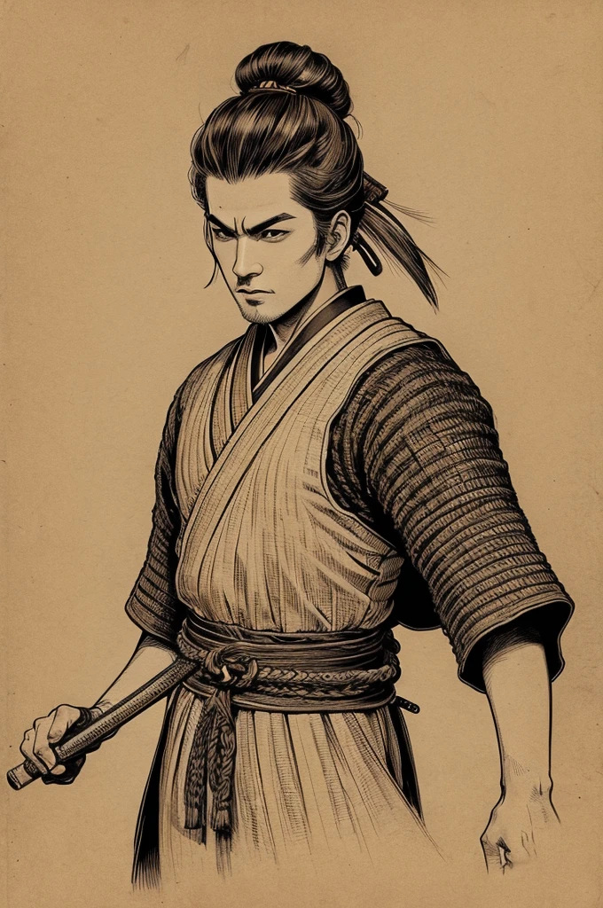 Line drawing style、Illustration sepia style、Cool male samurai、