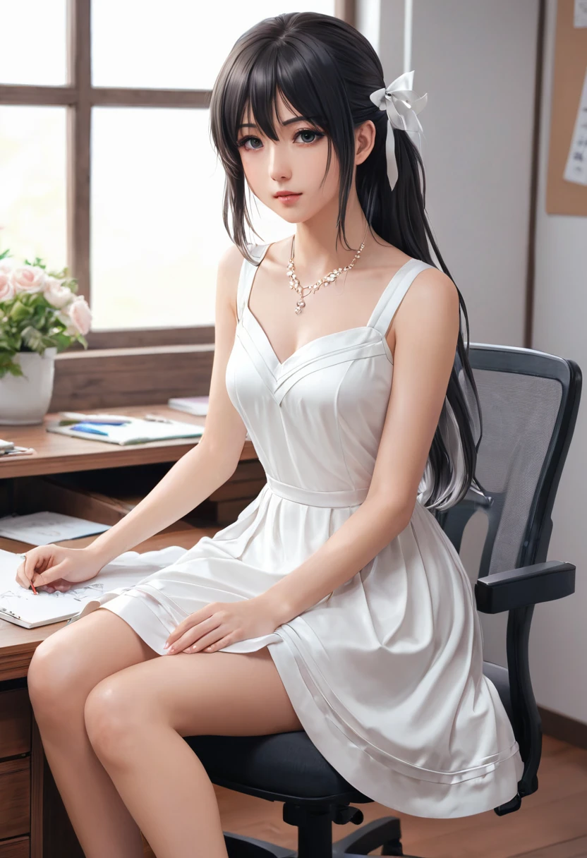 Anime-style image of a woman in a white dress sitting at a desk, Anime drawing by Shitao, Pixiv, Process Art, Enchanting anime girl, , Smooth anime CG art, at Pixiv, trending on artstation Pixiv, Pixiv 3dcg, top rated on Pixiv, In a dress