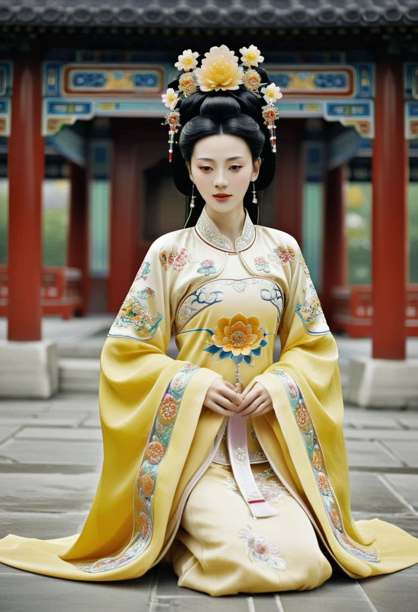 A Qing Dynasty empress is naked and playing with her pubic hair in the Chinese imperial court. A Qing Dynasty empress is wearing a large crown for a Chinese empress. Her hair is decorated with a large flower and a large crown. Her hair is tied up and pulled up. The background is the stone paving outside the Qing Dynasty.