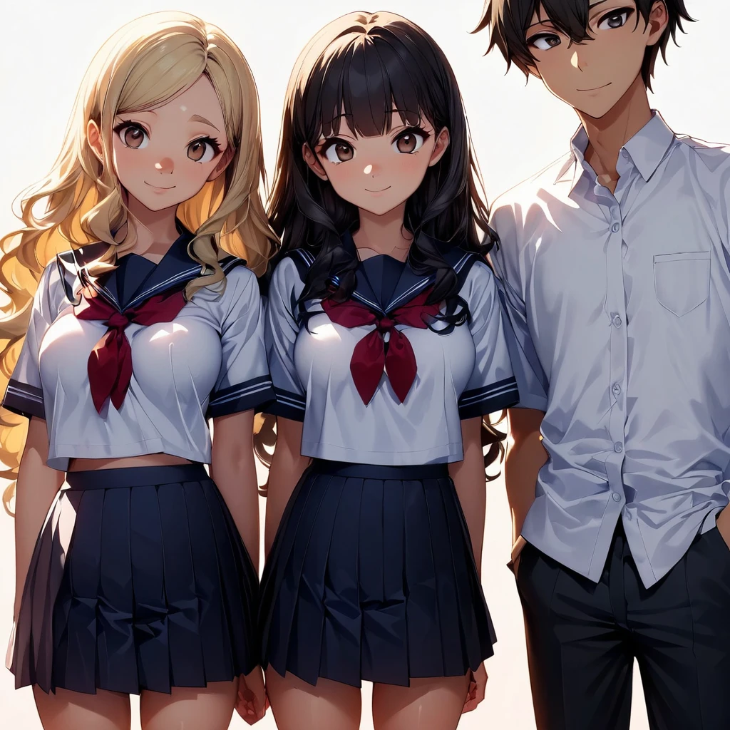 (highest quality:1.2, Very detailed, up to date, Vibrant, Ultra-high resolution, High Contrast, masterpiece:1.2, highest quality, Best aesthetics), anime, whole body, multiple people、(two girls and 1 boy:1.7), (two girls are standing on either side of the boy:1.2), (they are 22-years-old:1.5), wearing high-school uniform, (one girl on the left ((Japanese, 22-years-old, Narrow space between the eyes, Big slant eyes, tsurime:1.5, Small Nose, blonde hair:1, Medium long wavy hair:1.5, very tall:1, medium Breasts, sexy, slim, school uniform) and one boy in center (Japanese, 22-years-old, tall, slim, male, black hair:1, brown eyes) and one girl on the right (Japanese, 22-years-old, Narrow space between the eyes, Big slant eyes, Small Nose, black Hair, short cut, bob cut, medium Breasts, slim, cute, school uniform)), (No background:1.4), ((Plain white background:1.3)), standing side by side apart, look at viewer