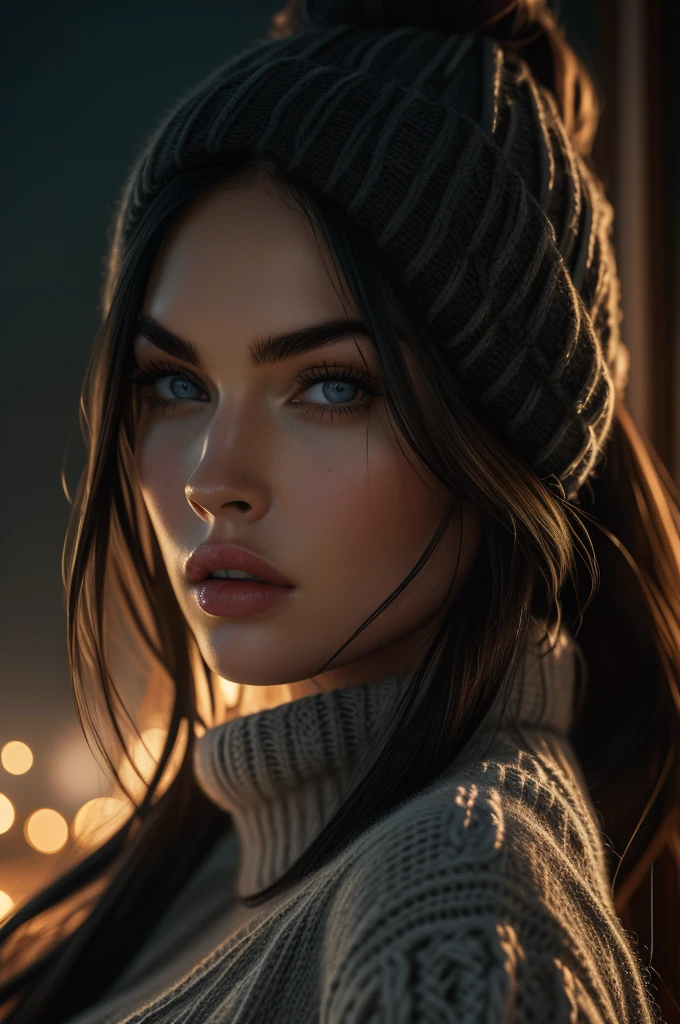 Megan Fox, portrait, ultra detailed Nordic eyes, knit sweater, winter, (((masterpiece, ultra detailed face))).