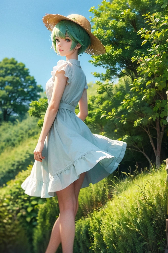 Green Hair Short Hair Green Eyes Beauty White ruffled dress Straw hat blue sky
