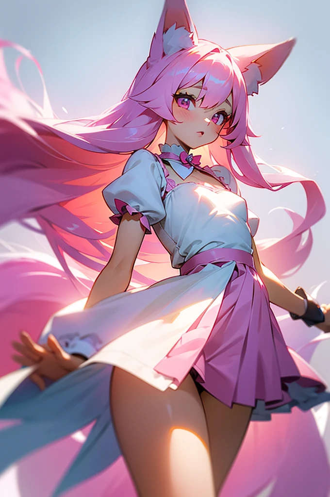 fox girl, fluffy fox tail, fox girl, body, with long pink hair, flowy hair, majestic, beautiful, goddess, long hair, pink eyes, short white dress, pleated dress, mini dress, sundress, revealing clothing, side cut, exposed thighs, sexy, princess, exposed, exposed thighkawaii, Masterpiece, Playboy model body, small breasts, cute, ta fashion, soft lolipastel colors, soft colors, gentle colors,