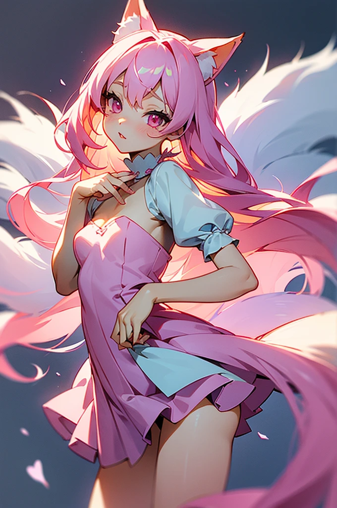 fox girl, fluffy fox tail, fox girl, body, with long pink hair, flowy hair, majestic, beautiful, goddess, long hair, pink eyes, short white dress, pleated dress, mini dress, sundress, revealing clothing, side cut, exposed thighs, sexy, princess, exposed, exposed thighkawaii, Masterpiece, Playboy model body, small breasts, cute, ta fashion, soft lolipastel colors, soft colors, gentle colors,