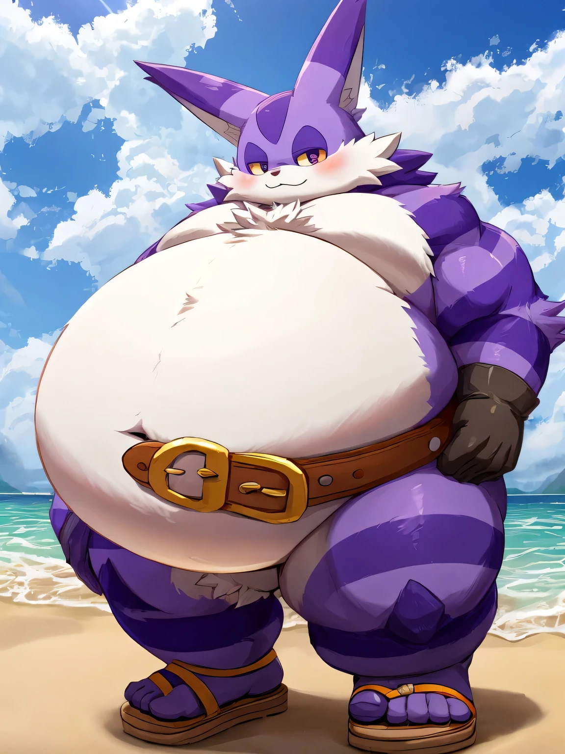 masterpiece, high quality, (konzaburou, ukan_muri, cute), (soft shading), 8k, UHD, Detailed background, detailed face, beach, (Big The Cat), anime eyes, male,  (all body fluffy:1.5), (inflating:1.1), (hyper belly:1.5), (Thick legs:1.3), (fat:1.1), (Chubby Cheeks:1.1), (Wears huge belt over belly:1.3), (Gloves:1.1), (Sandals:1.1), (6' 6" Tall),