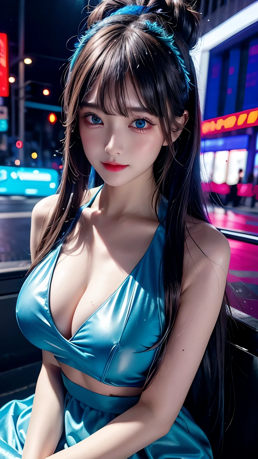 4k ultra hd, masterpiece, high details, a girl, cute face, detailed eyes, long hair, blue neon lights on dress, Cyberpunk blue dress, blue neon lights connected on dress, neon breasts, bare stomach, spreading light, light reflection, light reflection on road, light reflection, everywhere spreading lights, neon lights, sitting, whole body capture,