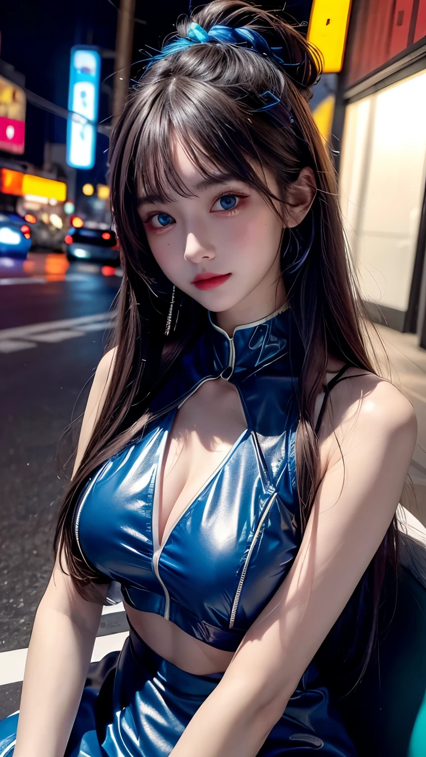 4k ultra hd, masterpiece, high details, a girl, cute face, detailed eyes, long hair, blue neon lights on dress, Cyberpunk blue dress, blue neon lights connected on dress, neon breasts, bare stomach, spreading light, light reflection, light reflection on road, light reflection, everywhere spreading lights, neon lights, sitting, whole body capture,