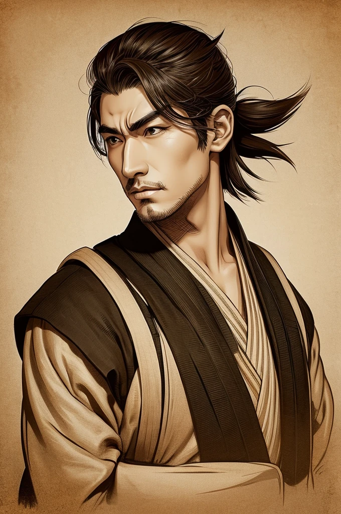 Line drawing style、Caricature illustration、Sepia、Cool male samurai front