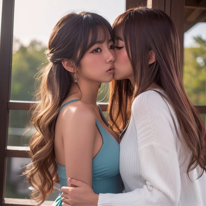 (Highest quality, 4K, 8k, High resolution, masterpiece:1.2), Very detailed, (Realistic, photoRealistic, photo-Realistic:1.37)、Two Girls、Japanese、(Hair Color:Random)、(Hairstyle:Random)、(Kissing)、Big Breasts、Photographed from the waist up