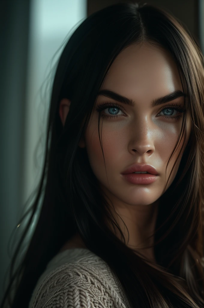 Megan Fox, portrait, ultra detailed Nordic eyes, knit sweater, winter, (((masterpiece, ultra detailed face))).