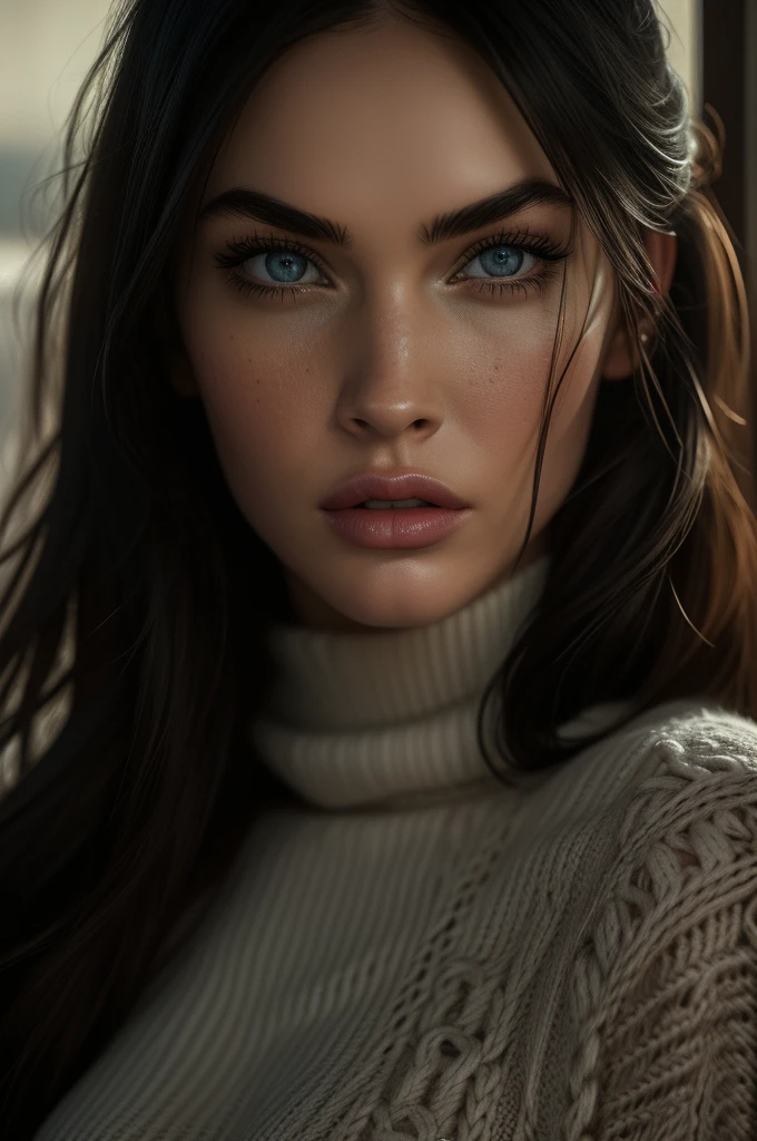 Megan Fox, portrait, ultra detailed Nordic eyes, knit sweater, winter, (((masterpiece, ultra detailed face))).