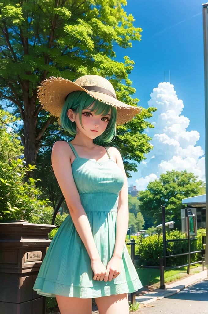 Green Hair　Short Hair　Green Eyes　Beauty　White ruffled dress　Straw hat　blue sky　City