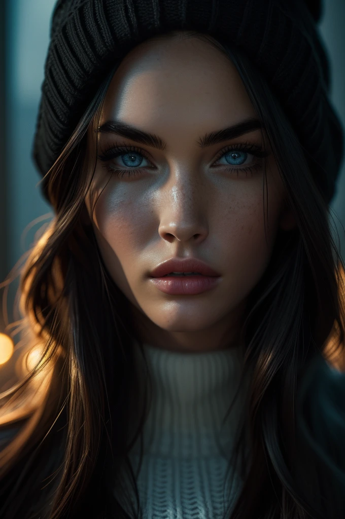 Megan Fox, portrait, ultra detailed Nordic eyes, knit sweater, winter, (((masterpiece, ultra detailed face))).