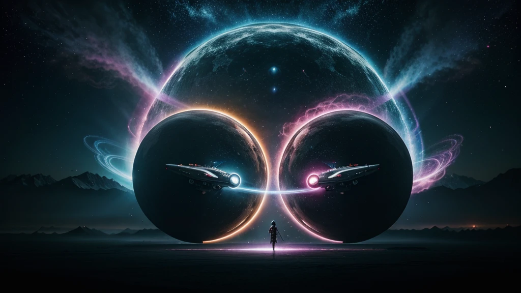 Sci-fi conceptual art, spiral Ying and Yang forces are core balancing factor of the world, wormhole, flying vehicle flying through, vivid colorful cosmos as background.