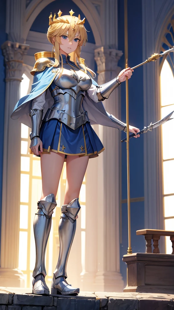 Blonde adult woman,Golden Crown,large cape,white armor,blue skirt,Thin legs,iron boots,Standing,spear,palace,castle