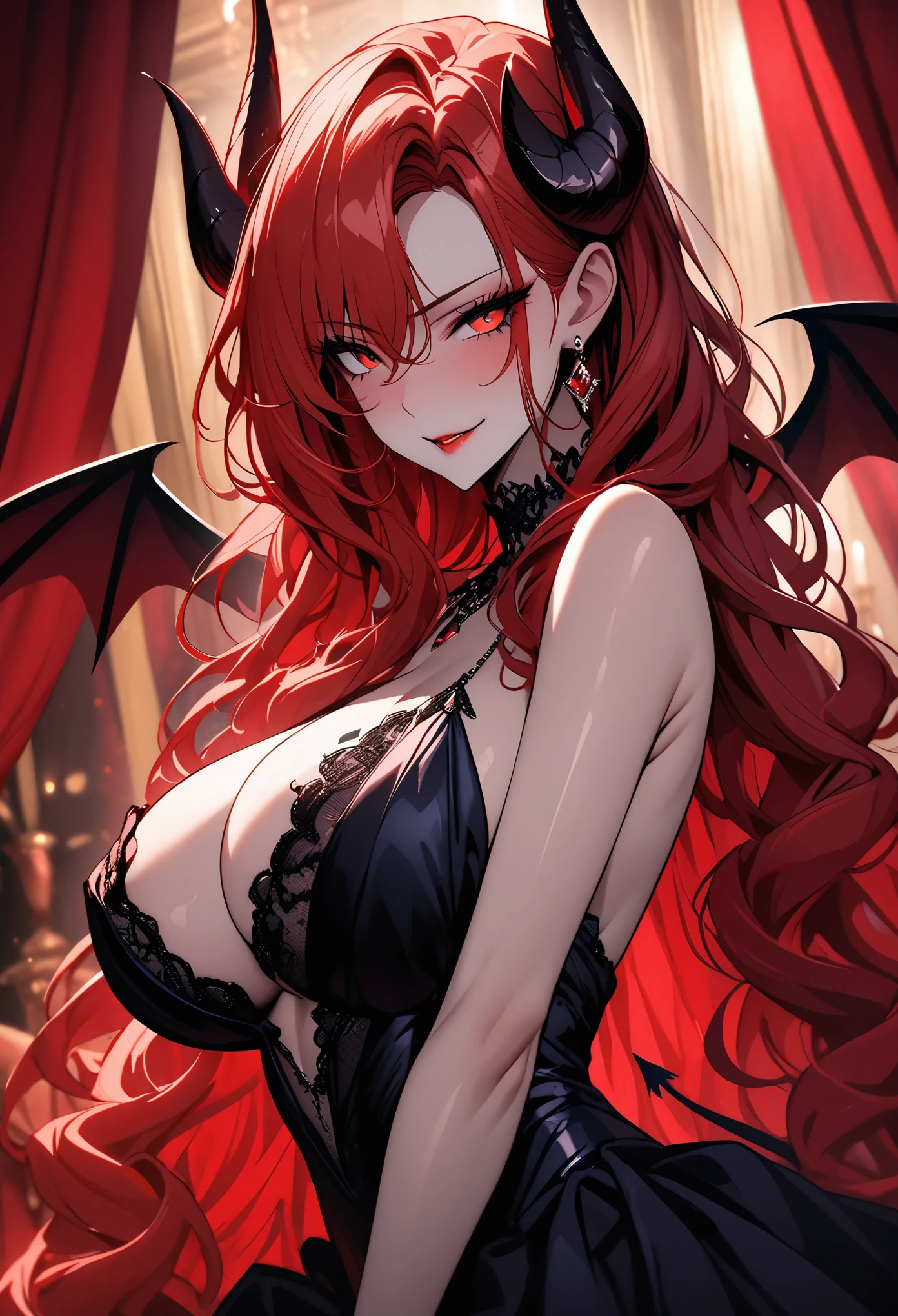 solo, female, vain pose, jewelry, close up, extremely attractive, flawless porcelain skin, long lustrous wavy red hair, red eyes, huge breasts, seductive smile, luxurious, elegant gala dress, ball room, velvet curtain, succubus, horns, demon wings, spade tail, billowing dress, conservative dress, seductive, vain, champagne, pinup pose, come hither gesture