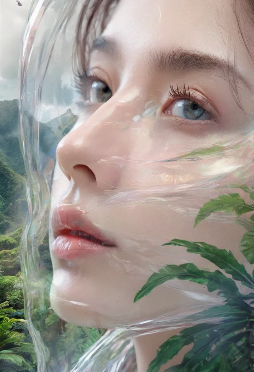 a closeup detailed side view transparent portrait of a woman with beautiful eyes, should be side view, detailed lips, and long eyelashes, surrounded by lush jungle mountains in the foreground, multiple exposure effect, complex surrealist style illustration, surreal dreamlike atmosphere, cinematic lighting, highly detailed, hyper realistic, 8k, masterpiece, Dubrec style,Girl transparent face close-up,Beautiful close-up of face,Jungle Mountains image foreground (multiple exposure:1.8),Complex illustrations in surrealist art style,Surreal dreams