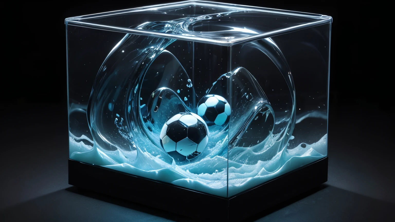 transparent box filled with turbulent liquid, floating soccer , stirred and stormy liquid, transparent box with waves