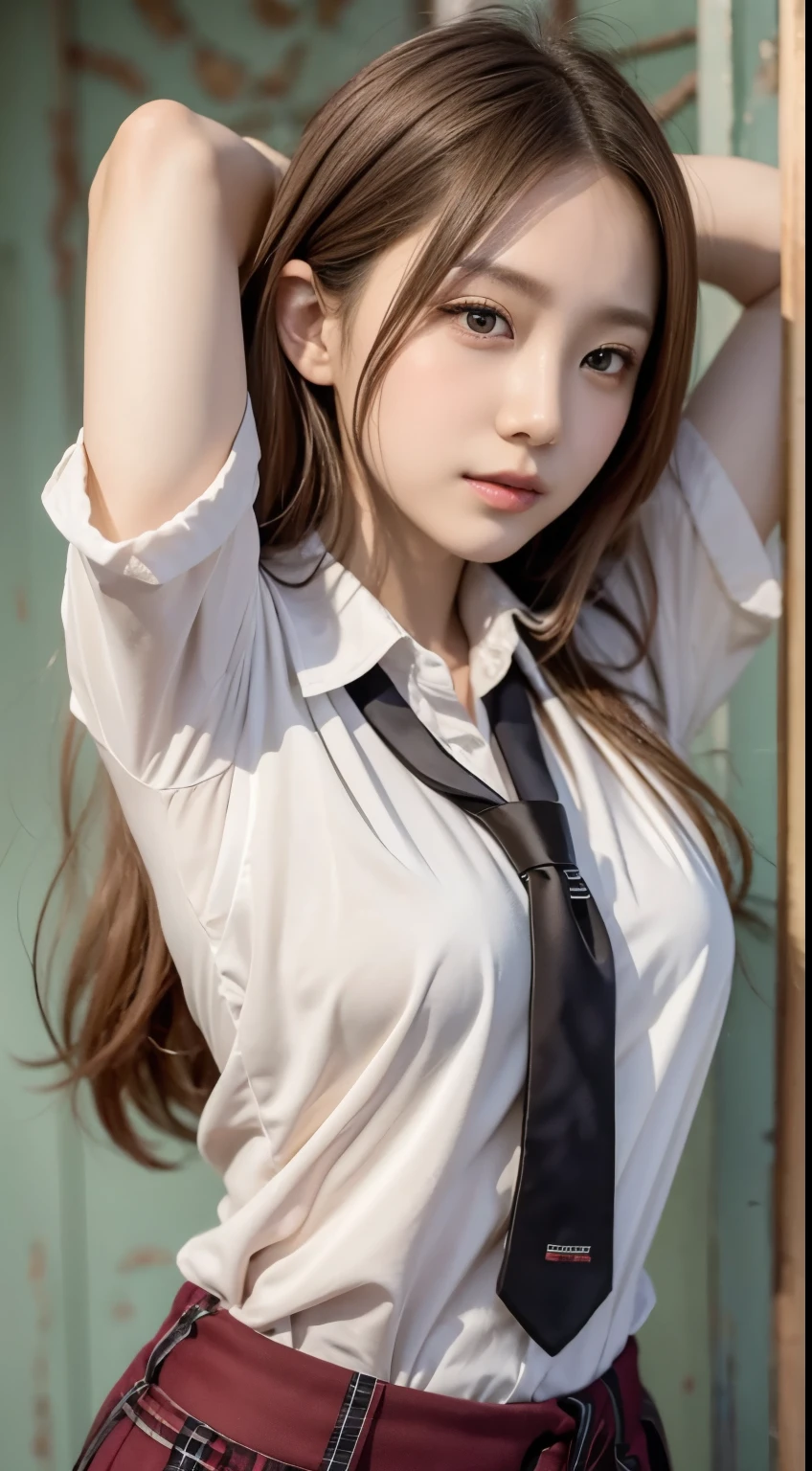 Girl with light brown hair、She raised her arms and exposed her big tits right in front of me.、Unbuttoned school shirt and tie 1、Close up of small vest nipples、Hot sex with naked girls:1.6、Nipples in detail