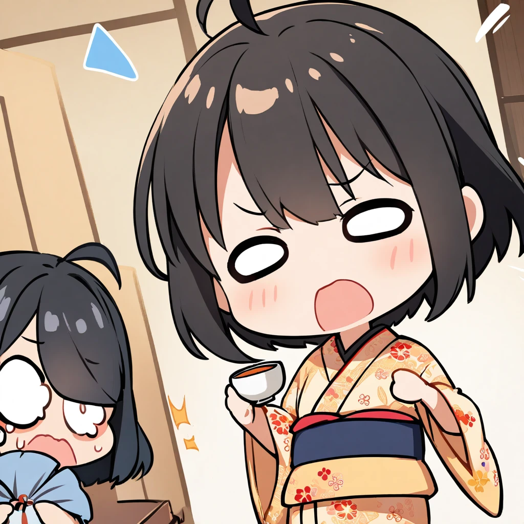 A girl in a kimono is surprised、Offering Japanese tea、Chibi Character、Ahoge、Black Hair、