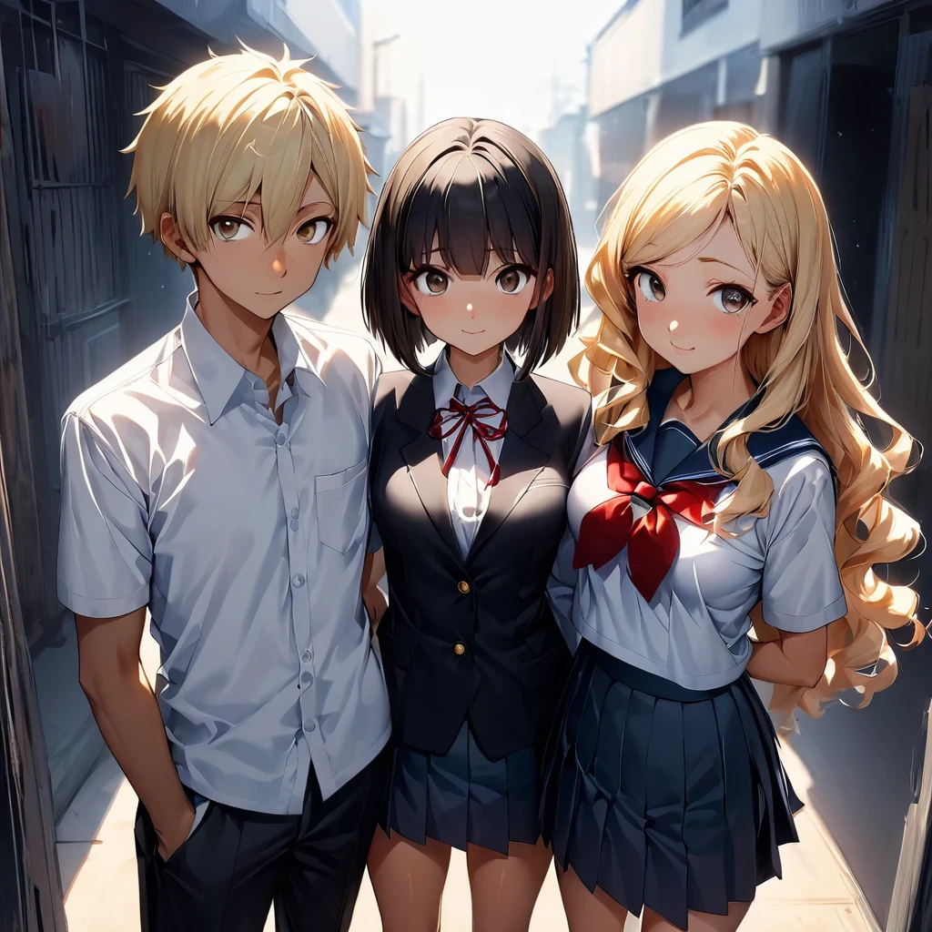 (highest quality:1.2, Very detailed, up to date, Vibrant, Ultra-high resolution, High Contrast, masterpiece:1.2, highest quality, Best aesthetics), anime, whole body, multiple people、(two girls and 1 boy:1.7), (two girls are standing on either side of the boy:1.2), (they are 22-years-old:1.5), wearing high-school uniform, (one girl on the left ((Japanese, 22-years-old, Narrow space between the eyes, Big slant eyes, tsurime:1.5, Small Nose, blonde hair:1, Medium long wavy hair:1.5, very tall:1, medium Breasts, sexy, slim, school uniform) and one boy in center (Japanese, 22-years-old, tall, slim, male, black hair:1, brown eyes) and one girl on the right (Japanese, 22-years-old, Narrow space between the eyes, Big slant eyes, Small Nose, black Hair, short cut, bob cut, medium Breasts, slim, cute, school uniform)), (No background:1.4), ((Plain white background:1.3)), standing side by side apart, look at viewer