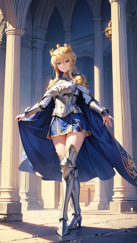 Blonde adult woman,Golden Crown,large cape,white armor,blue skirt,Thin legs,iron boots,Standing,spear,palace,castle