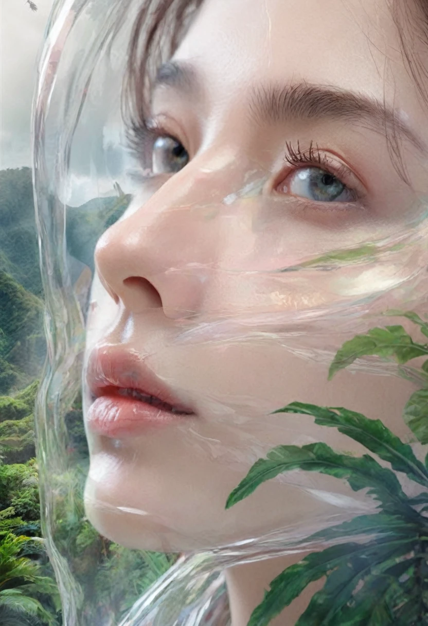 a closeup detailed side view transparent portrait of a woman with beautiful eyes, should be side view, detailed lips, and long eyelashes, surrounded by lush jungle mountains in the foreground, multiple exposure effect, complex surrealist style illustration, surreal dreamlike atmosphere, cinematic lighting, highly detailed, hyper realistic, 8k, masterpiece, Dubrec style，Girl transparent face close-up，Beautiful close-up of face，Jungle Mountains image foreground (multiple exposure：1.8），Complex illustrations in surrealist art style，Surreal dreams