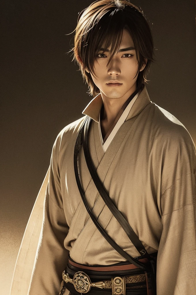 Anime line drawing style、Sepia portrait、Cool male samurai