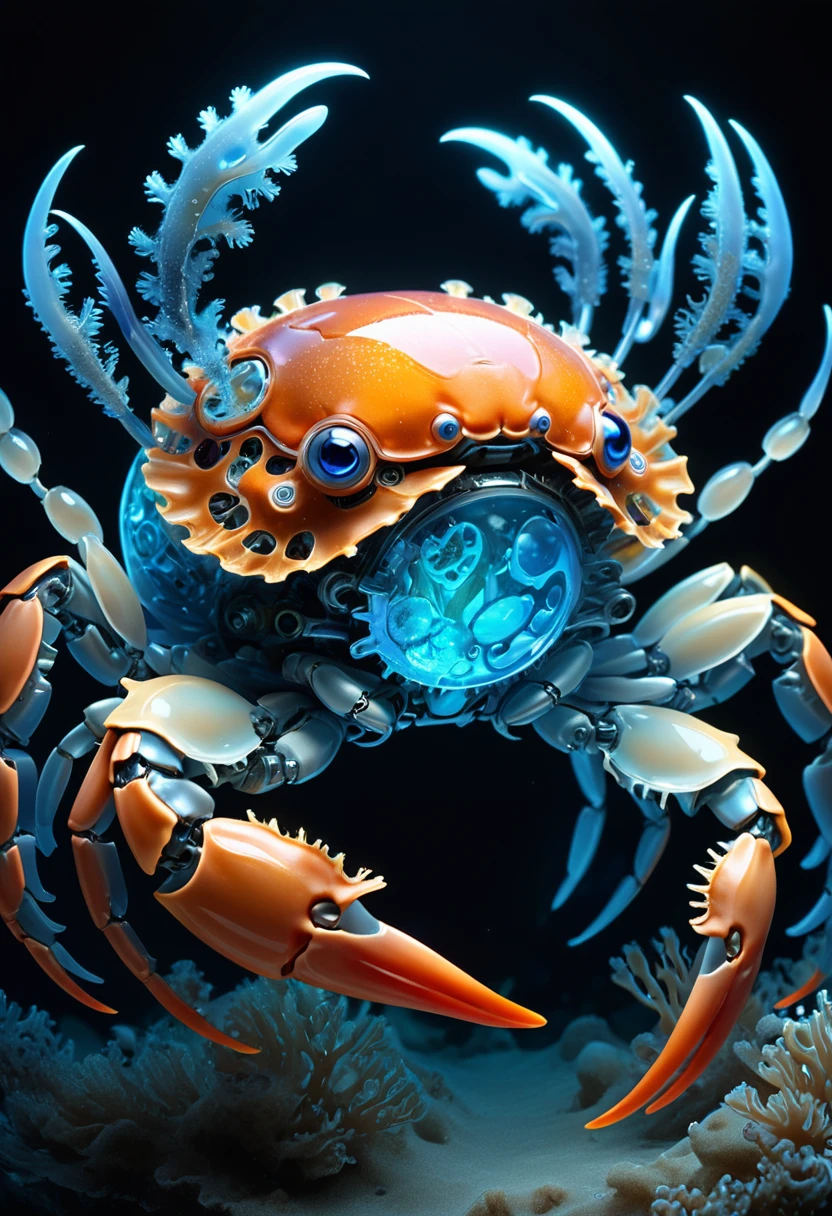 
                ( perfect anatomy )   Biomechanical glowing crab made of metal and gears, The film light head shell is transparent, smooth and soft.(Partially transparent design allows you to see the internal mechanisms) ，bioluminescent basket fluorescent  (Mechanical big crab )Dynamic close-up background of deep blue deep sea bottom soft feeling sea anemone ethereal mysterious creature intricate, Detailed surreal science fiction art aesthetic light and shadow movie special effects high resolution image surreal texture high resolution, Digital painting,

                                    Delicate and dynamic rendering, ultra-high quality, masterpiece, Super detailed, Best quality animation style HD high quality presentation