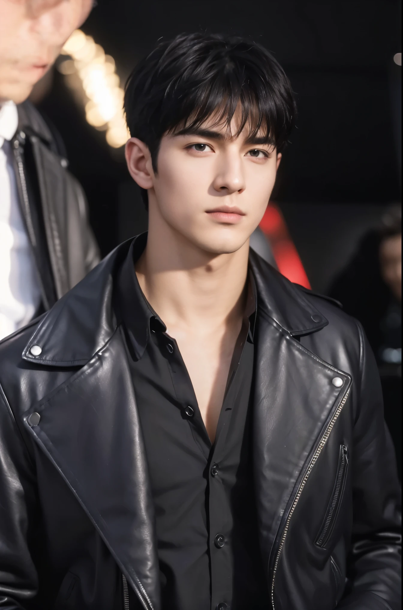 4k, high resolution, best quality, masterpiece, perfect color, perfect shade, perfect lighting, Posted by e621, ((portrait)), ((handsome man)), perfect male figure, Short hair details，Detailed face, perfect face, (stood up), Detailed background, ((Bonifasco Lighting)),black hair, wearing black leather jacket, purple eyes,
