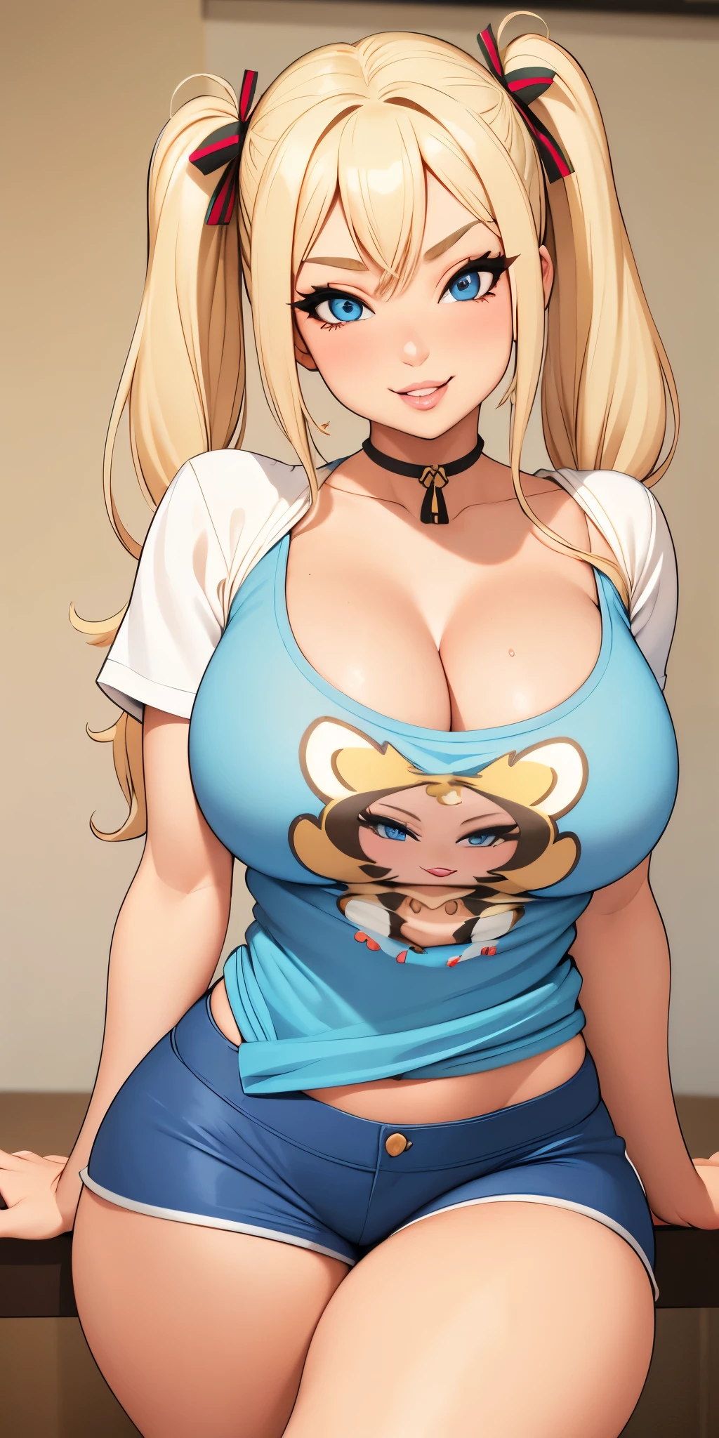 cleavage, detailed, highres, sexy, wide hips, 1 girl, blue eyes, blonder hair, pigtails, long hair, graphic tee, neck strap blouse and silk shorts, gyaru, lips, Naughty girl smile 
