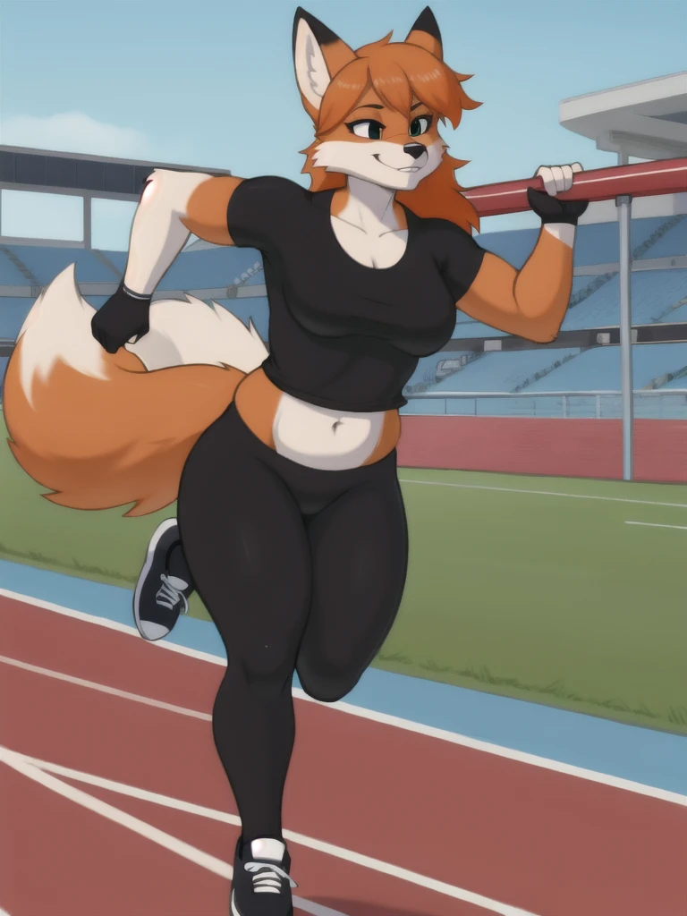 Furry, fox, female, black shirt, black leggings, shoes, running track, solo, full body