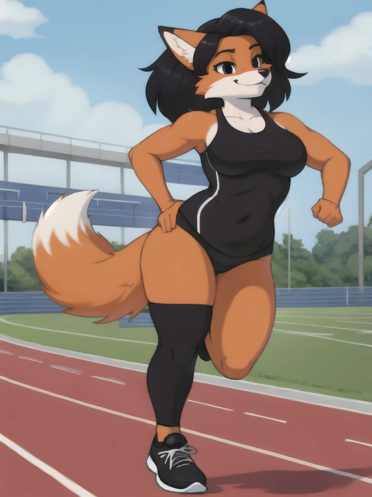 Furry, fox, female, black shirt, black leggings, shoes, running track, solo, full body