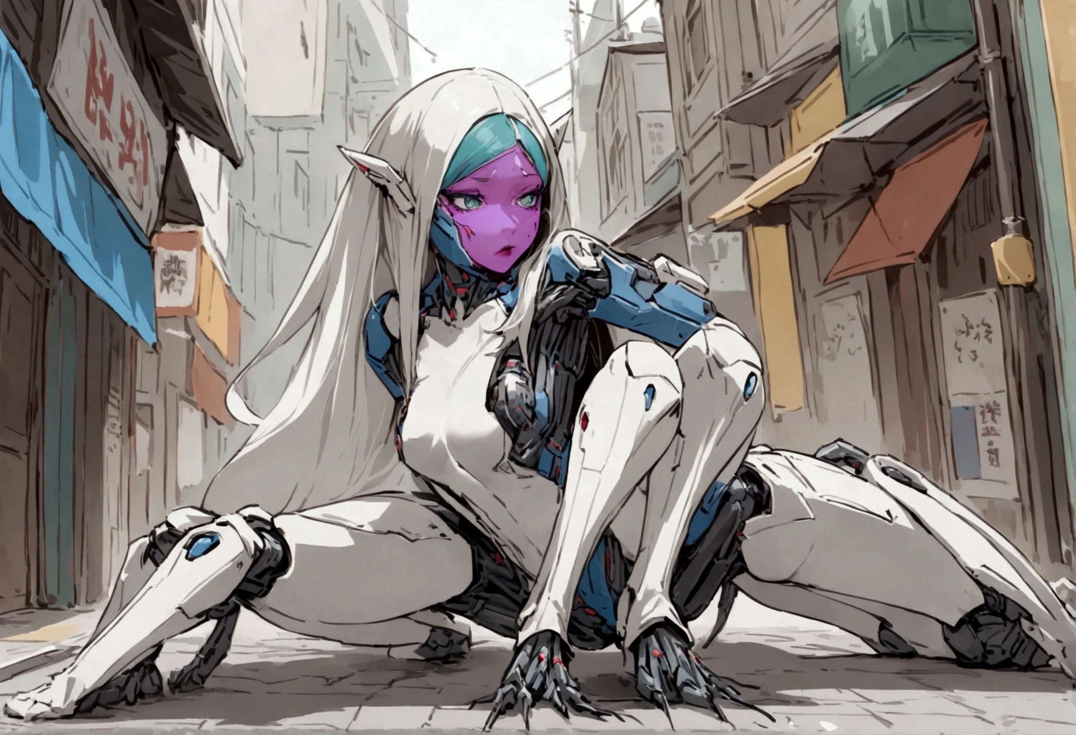 A cybernetic shark with many mechanical insect legs terrorizes women on the streets of Bangkok, damsel in distress, women eaten