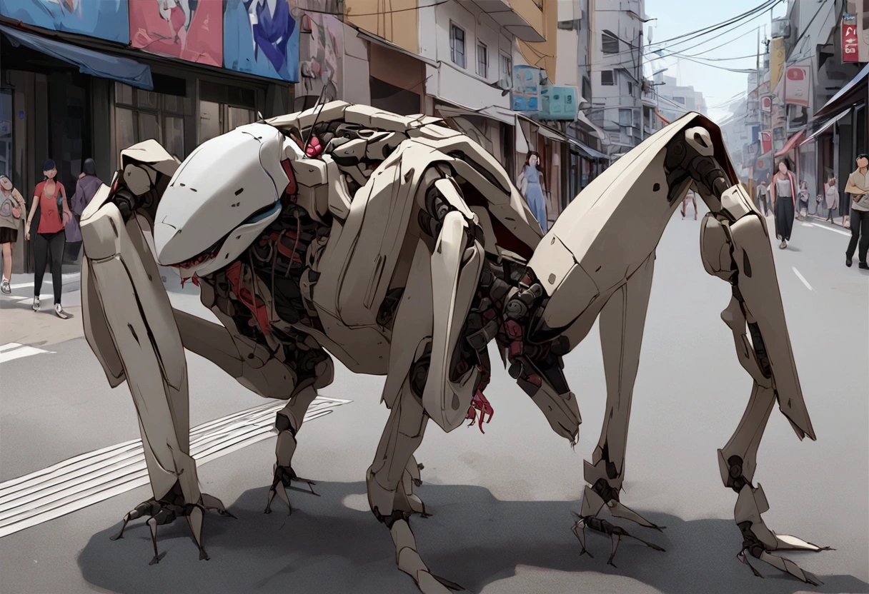 A cybernetic shark with many mechanical insect legs terrorizes women on the streets of Bangkok, damsel in distress, women eaten