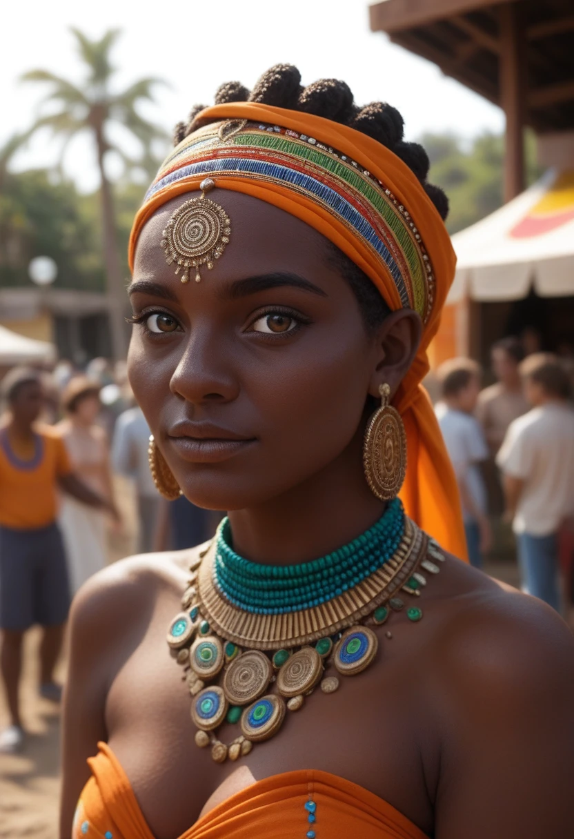 An African woman in a vibrant marketplace, wearing traditional colorful clothing, adorned with intricate jewelry and a beautiful headwrap. Bright sunlight bathes the scene, casting captivating shadows on the bustling market stalls. The woman's eyes sparkle with warmth and wisdom, her expressive face reflecting the rich cultural heritage of her people. The scene is captured in stunning realism, with ultra-detailed textures and sharp focus highlighting every intricate pattern on the fabrics and jewelry. The artwork showcases the beauty and diversity of African traditions, celebrating the vibrant colors and craftsmanship that define the continent's cultural tapestry. The color palette is vivid and dynamic, with a mix of earthy tones and bold, saturated hues, evoking the warmth and energy of the African landscape. The lighting is natural and inviting, illuminating the woman's features and creating a sense of depth and dimension. The artwork is created using a combination of traditional painting techniques and digital rendering, resulting in a masterpiece that seamlessly blends the elements of realism and artistic interpretation.and the african women will have a curvy body thin on the waistline then big  that are visible dripping oil all over h