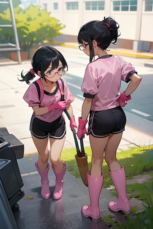Two elementary school girls with glasses and black hair tied up, wearing short-sleeved gym clothes and shorts, wearing long pink rubber gloves and white rubber boots, are cleaning up a schoolyard in midsummer