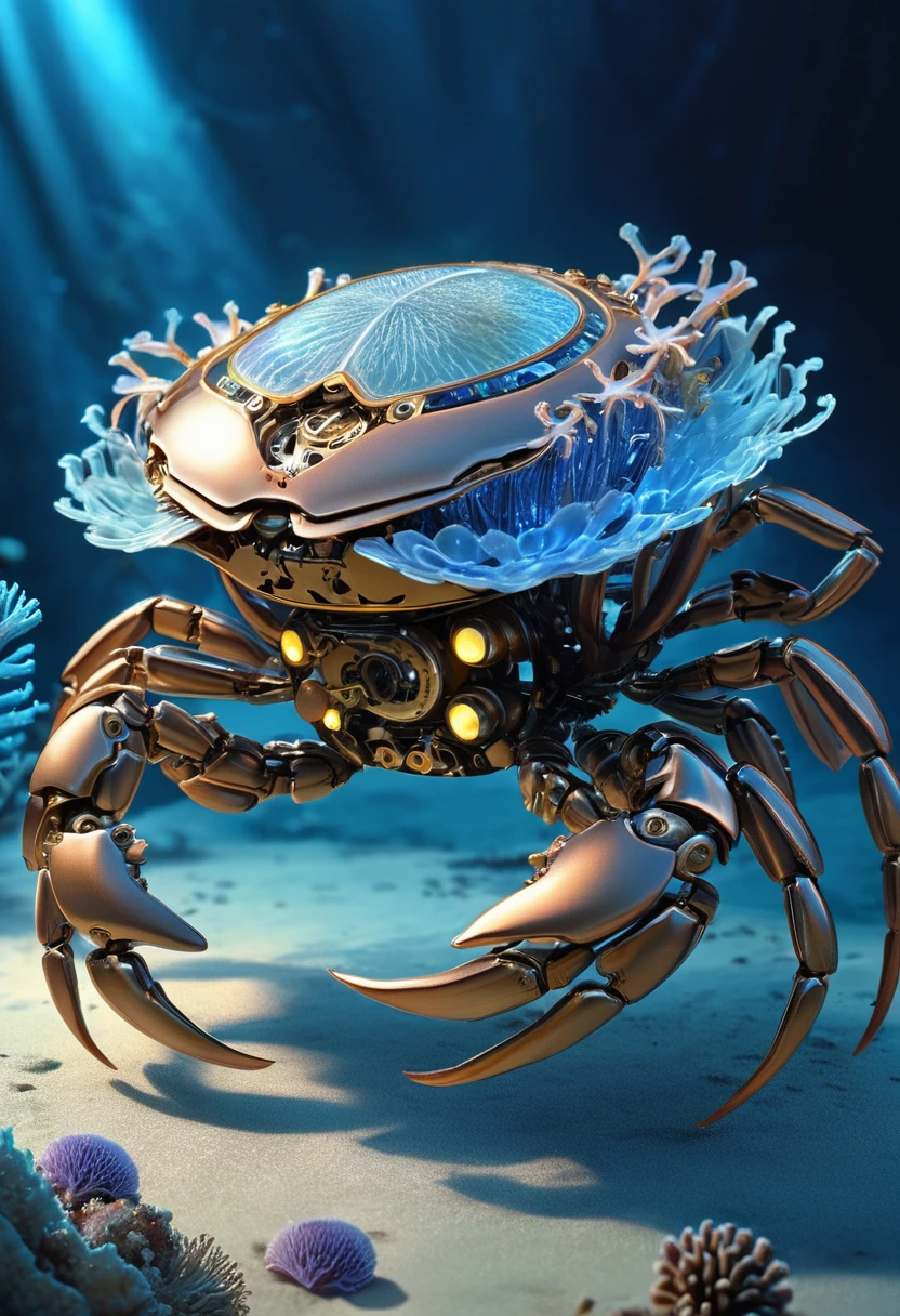 
                ( perfect anatomy )   Biomechanical glowing crab made of metal and gears, The film light head shell is transparent, smooth and soft.(Partially transparent design allows you to see the internal mechanisms) ，bioluminescent basket fluorescent  (Mechanical big crab )Dynamic close-up background of deep blue deep sea bottom soft feeling sea anemone ethereal mysterious creature intricate, Detailed surreal science fiction art aesthetic light and shadow movie special effects high resolution image surreal texture high resolution, Digital painting,

                                    Delicate and dynamic rendering, ultra-high quality, masterpiece, Super detailed, Best quality animation style HD high quality presentation