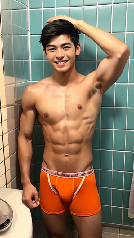 Japanese men、、Muscles and smooth skin、Very short black hair、A relaxed and friendly smile、Orange thin boxer briefs、The whole body is well visible、Posing in the bathroom、