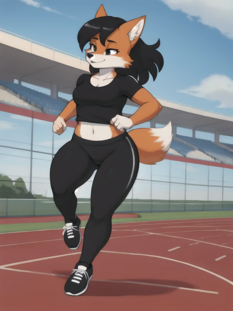 Furry, fox, female, black shirt, black leggings, shoes, running track, solo, full body