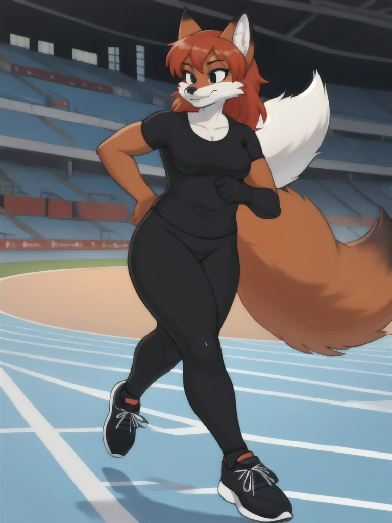 Furry, fox, female, black shirt, black leggings, shoes, running track, solo, full body