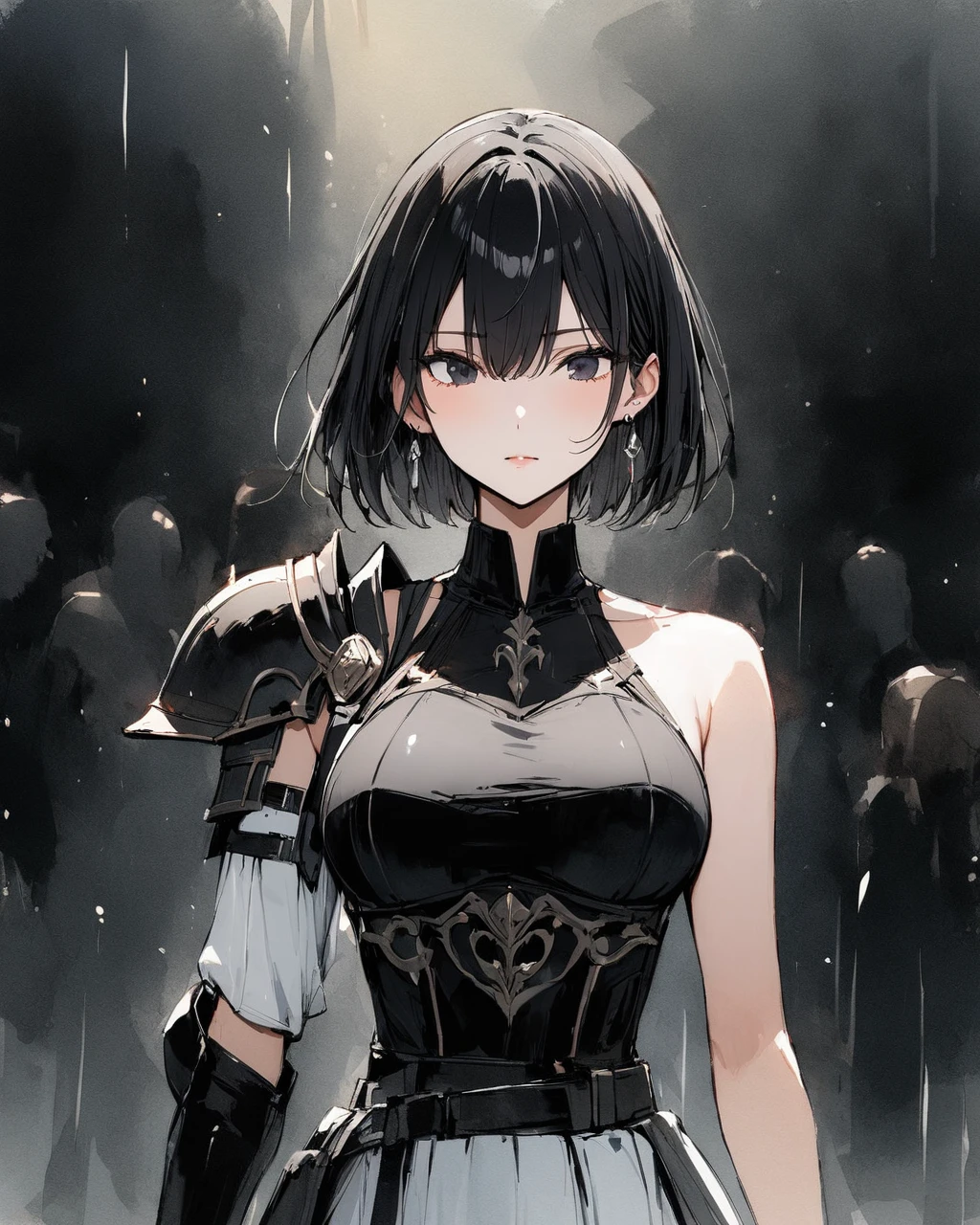 masterpiece, best quality, watercolor (medium), 1girl, breast, alone, short hair, split, Red and black hair, black eyes, earrings, Bangs, jewelry, skirt, bare shoulders, sleeveless, hair between eyes, 单pauldron, looking at the audience, large breast, armor, shoulder armor, sleeveless skirt, Upper body, single sleeve, white skirt, pauldron, 