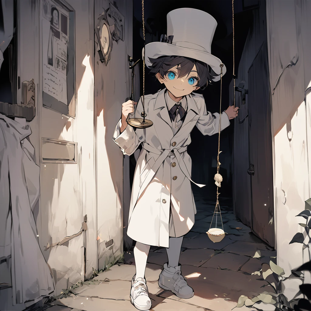 Create an image of a boy in a dark alley one very dark night, He is a 5 year old boy, wear a white trench coat,one white shoes, a white top hat which shades his eyes, hiding them, as well as having a pendulum in his hand, smiling scary, su sonrisa y un brillo rosa en sus ojos son lo unico visible de su rostro
